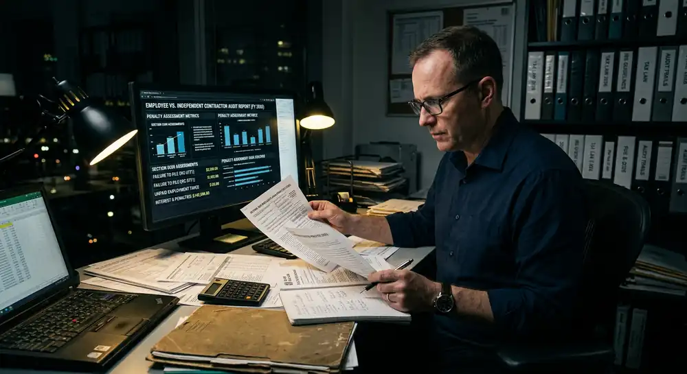 Business owner reviewing an employee versus independent contractor audit report and penalty assessment at a desk at night