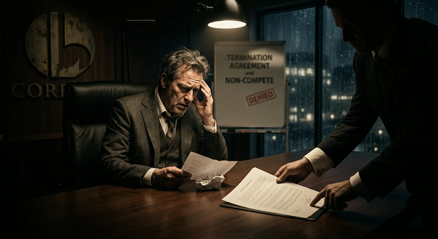 Business owner reviewing a 50/50 partnership agreement in a dark office, showing the risk of equal ownership disputes and the need for buy-sell planning