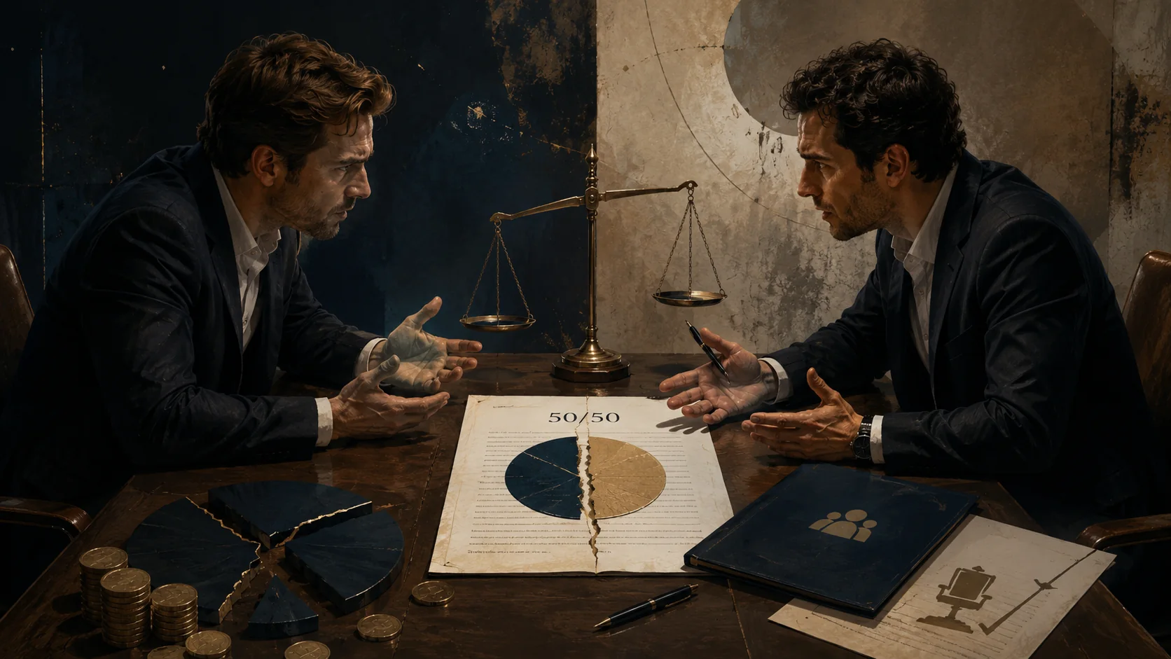 Two business partners facing each other across a table with a balance scale and a cracked 50/50 pie chart between them, illustrating a deadlocked equal partnership