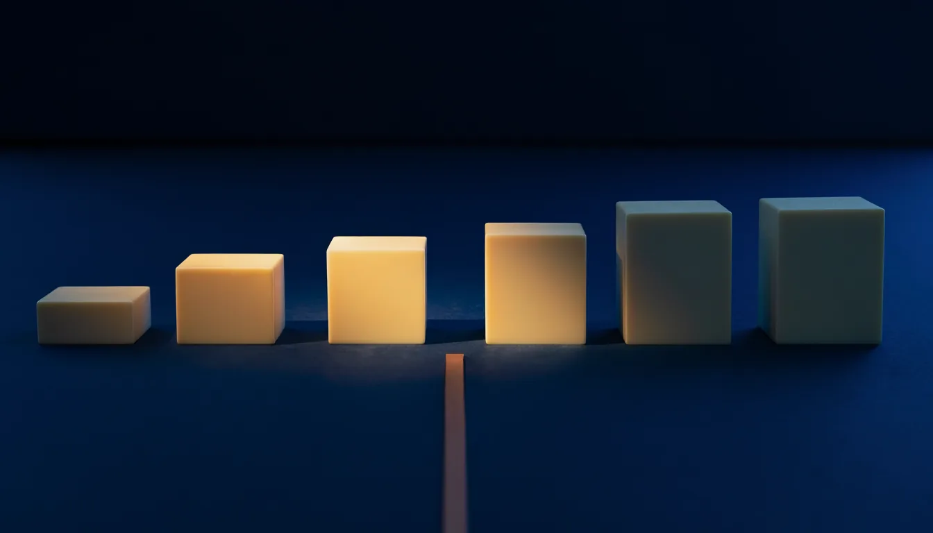 Six cream blocks grow in size from left to right on a deep navy surface. A fine copper line runs up to the gap between the third and fourth blocks, stopping just short of the row; the four smaller blocks are in warm light, the two largest in cool shadow.