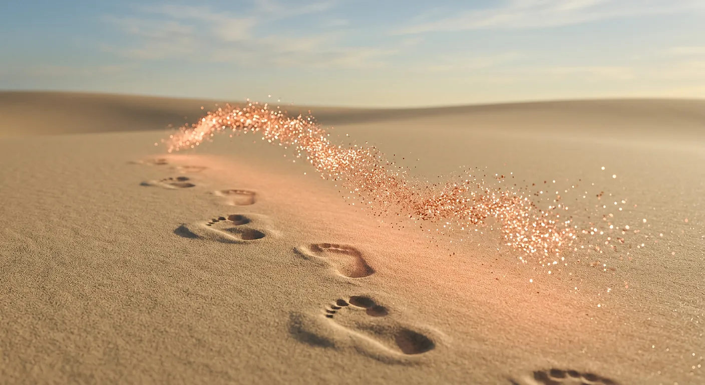 Footprints pressed into pale sand continue forward as identical prints rendered in copper particles that hover above the surface without leaving an impression