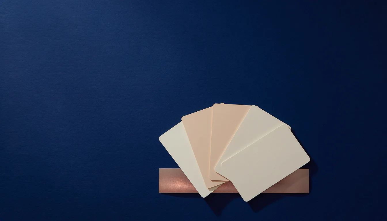 A fan of five cream cards, one a warmer shade and turned slightly out of line, lies on a navy surface over a thin copper band.