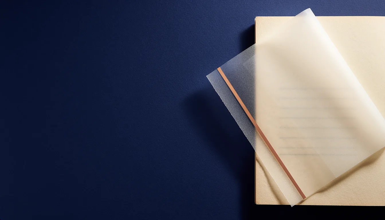 A sheet of frosted vellum laid at an angle over a cream notebook page on a deep navy surface. Faint ruled lines show through the vellum, and a thin copper line runs along its edge.