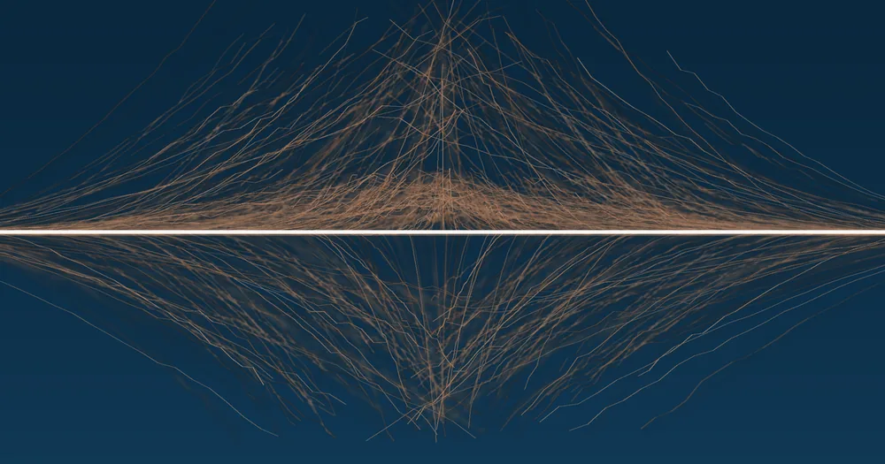 Fine copper lines converging from many directions into a single bright junction on a deep navy field, then continuing outward.