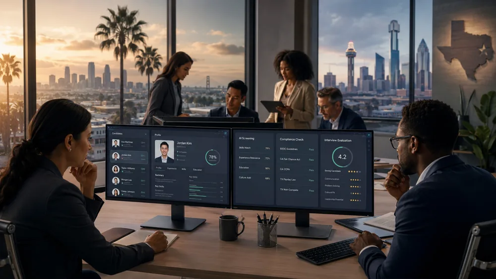 AI candidate-screening dashboard showing skills, compliance-check, and interview-evaluation panels, set against California and Texas city skylines