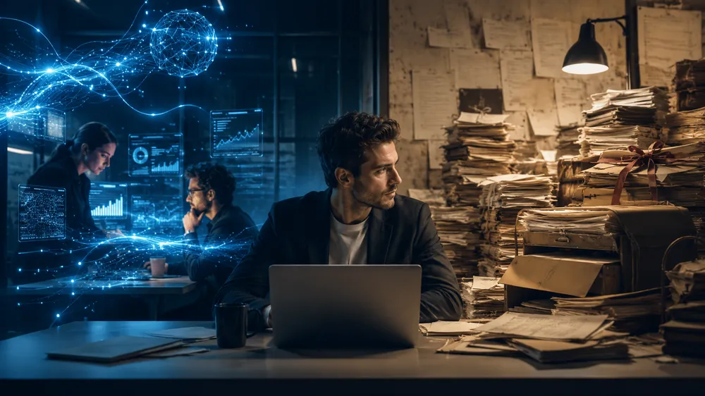 Startup founder at a laptop between glowing AI data networks and towering stacks of unorganized legal paperwork