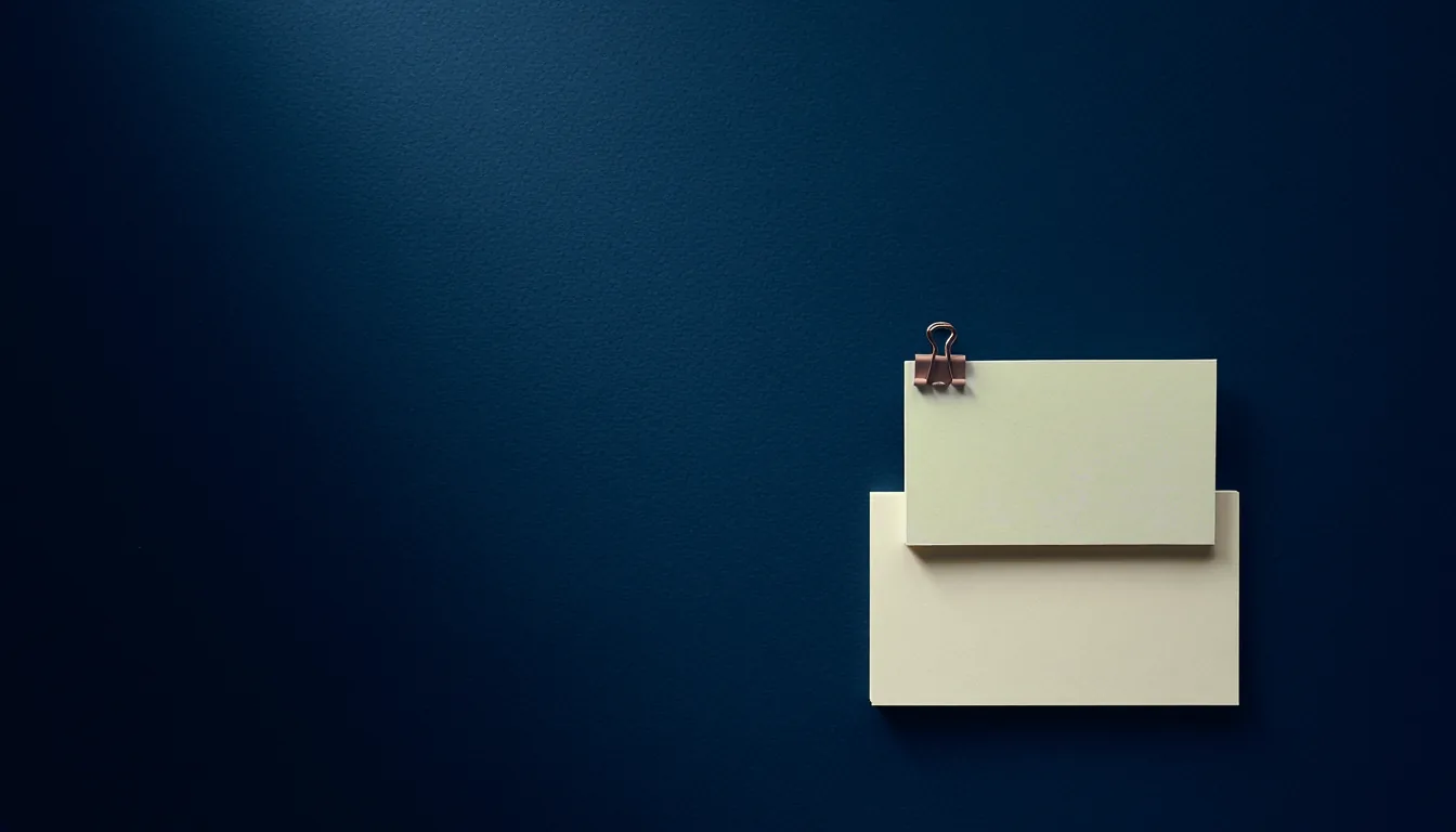 A small cream card rests on a larger cream card on a navy surface, leaving a wide band of the lower card exposed; a copper binder clip holds them together at one corner.
