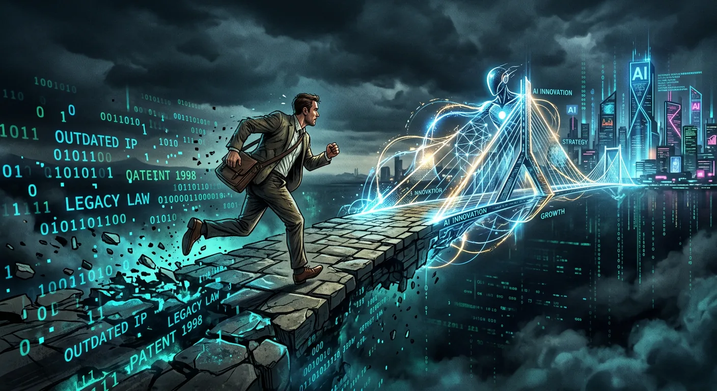 Illustration of a founder sprinting across a crumbling stone bridge marked with outdated IP law toward a glowing AI-built bridge and futuristic skyline, symbolizing innovation outpacing legal protection