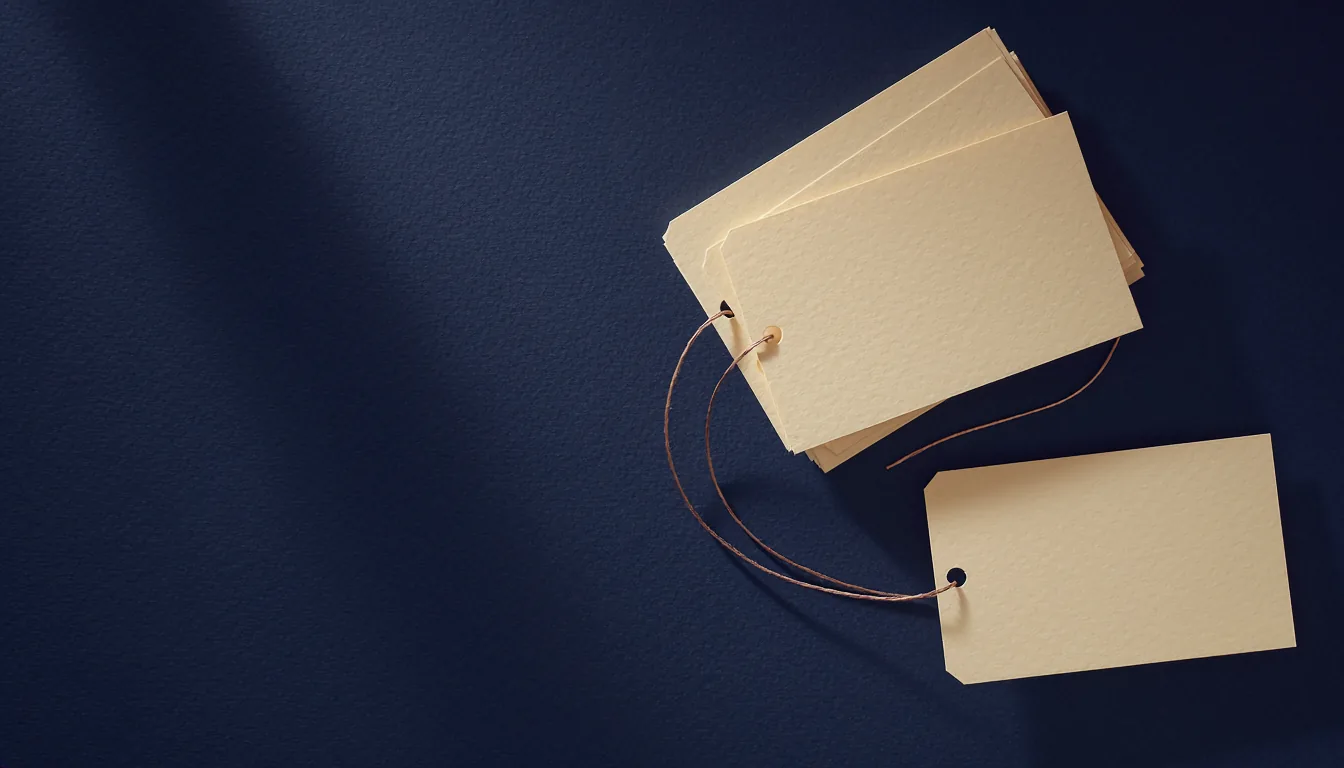 Three blank cream paper tags of different sizes, stacked and offset on a deep navy surface, joined by a thin copper thread that loops from a punched hole in one tag to another.