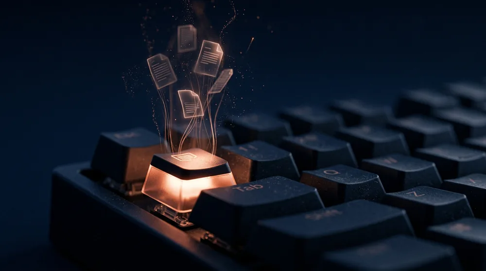 Extreme close-up of a dark keyboard on a deep navy field: one key glows warm copper from within, and fine threads of light rise from it into translucent document shapes that dissolve into drifting particles.