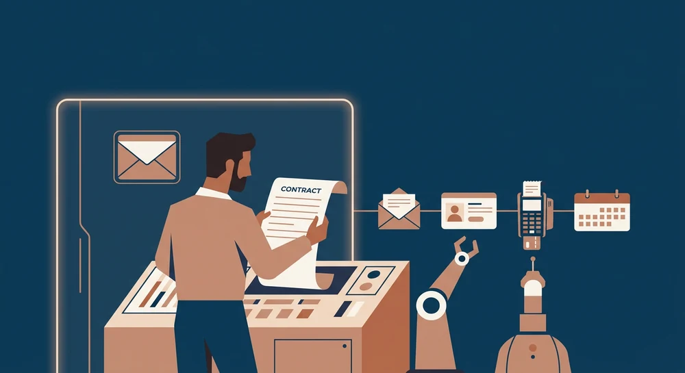 Illustration of a business owner reading a contract at a workstation while a robotic arm reaches toward connected system icons &mdash; email, a customer record, a payment terminal, and a calendar