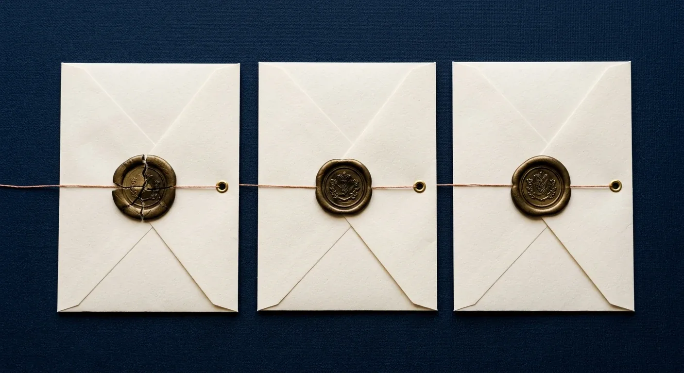 Three cream envelopes side by side, each with a brass eyelet and a wax seal, joined by a copper thread; the first seal is cracked and the other two are whole, on navy.