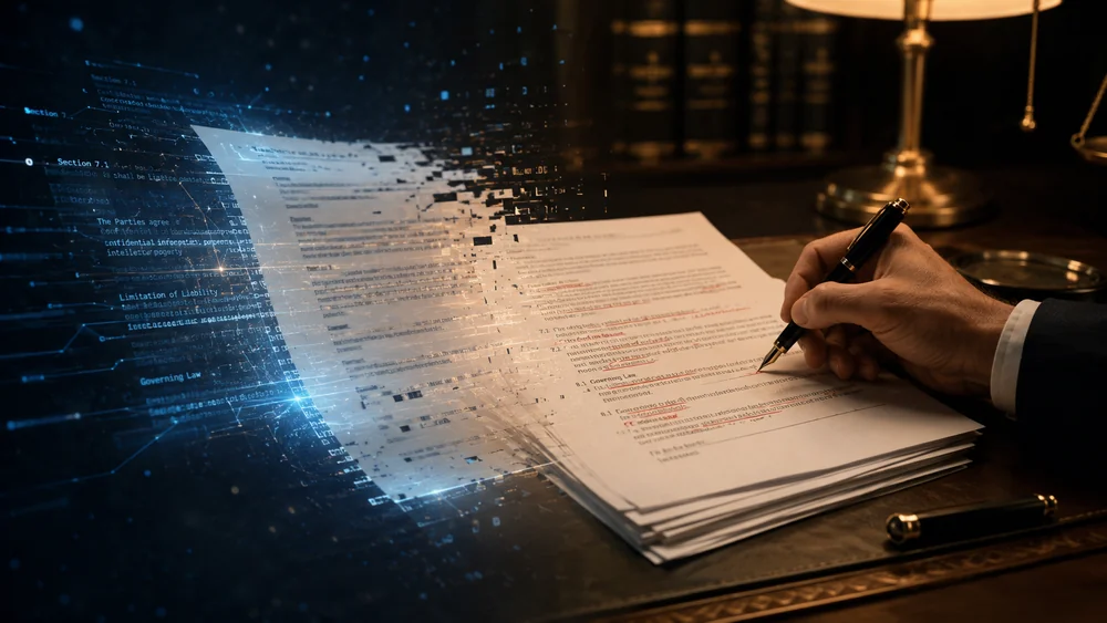 A business owner signs a printed contract at a desk as an AI-generated draft dissolves into digital code and data particles, with clause labels like Governing Law and Limitation of Liability, evoking the risk of AI-written contracts