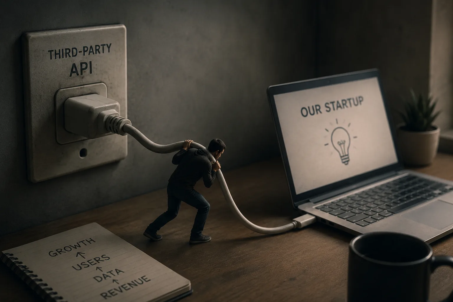 Miniature figure straining to hold a giant cable plugged into a wall outlet labeled &ldquo;Third-Party API,&rdquo; powering a laptop that reads &ldquo;Our Startup,&rdquo; beside a notebook listing Growth, Users, Data and Revenue &mdash; illustrating how a startup&rsquo;s API dependency is also a legal dependency