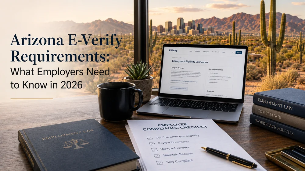 Arizona E-Verify requirements for employers in 2026 &mdash; a laptop showing the federal E-Verify employment eligibility verification site beside an employer compliance checklist and employment law books, with the Phoenix skyline and Sonoran desert in the background