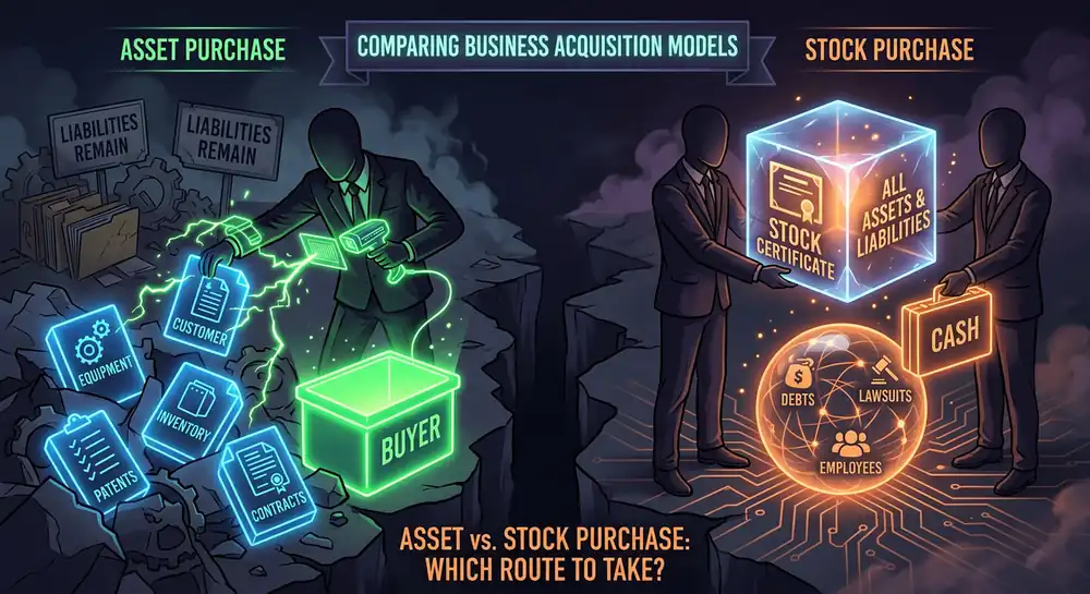 Side-by-side comparison of an asset purchase, where the buyer selects equipment, inventory, patents and contracts while liabilities remain with the seller, and a stock purchase, where all assets and liabilities including debts, lawsuits and employees transfer to the buyer