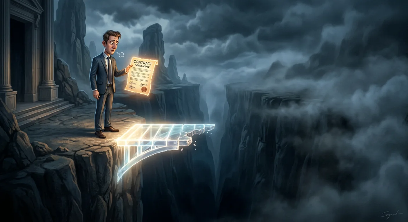 Illustration of a worried business owner in a suit holding a glowing signed contract at the edge of a stone cliff, where a translucent bridge across a dark chasm has shattered mid-span &mdash; symbolizing a deal the other side failed to complete