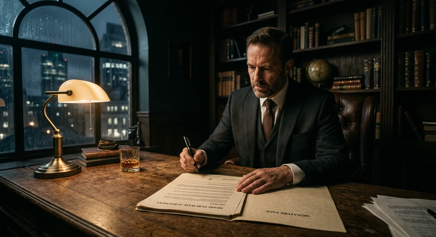 Business acquisition attorney reviewing purchase agreement documents before signing