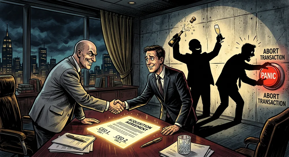 Two executives shake hands over an acquisition agreement in a dim boardroom while shadow figures celebrate with champagne and lunge for a red panic button labeled Abort Transaction, illustrating the emotional highs and hidden risk of buying or selling a business