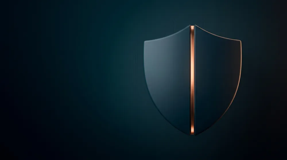 An abstract shield split into two equal halves joined by a single copper seam, representing two equal business owners held together by a buy-sell agreement