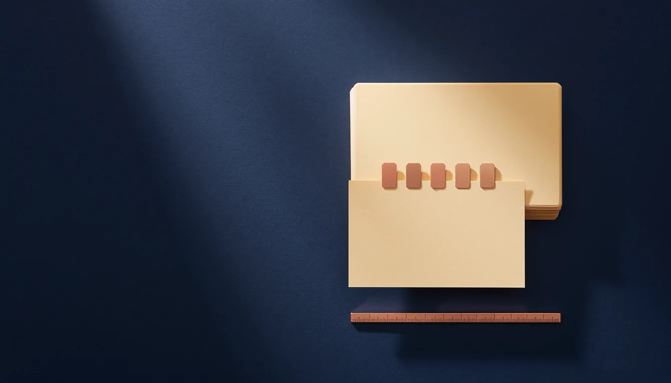 A stack of blank cream index cards on a deep navy surface, with one card slid forward, a row of five small copper tabs along its top edge and a thin copper ruler below it.