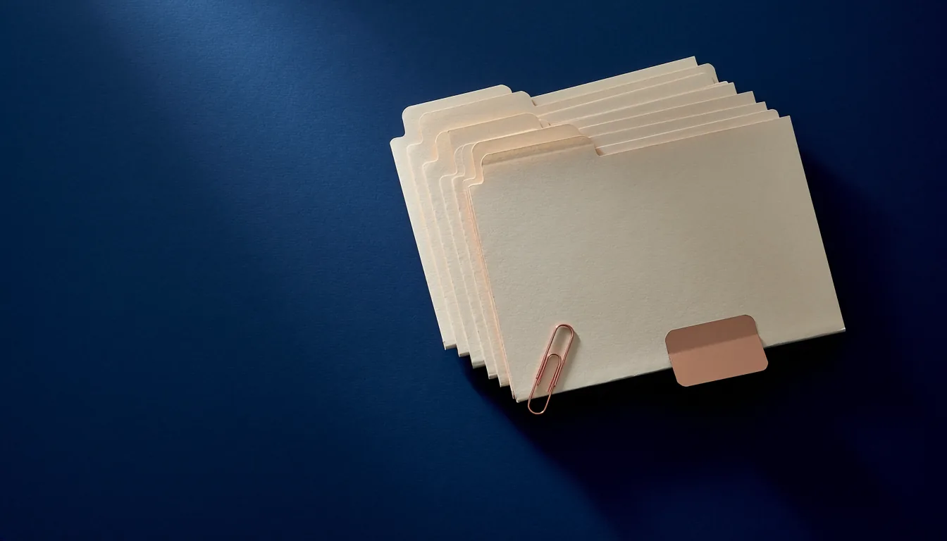 A fanned row of blank cream file folders on a deep navy surface, with one folder slid forward, a small copper tab on its edge and a thin copper paper clip beside it.