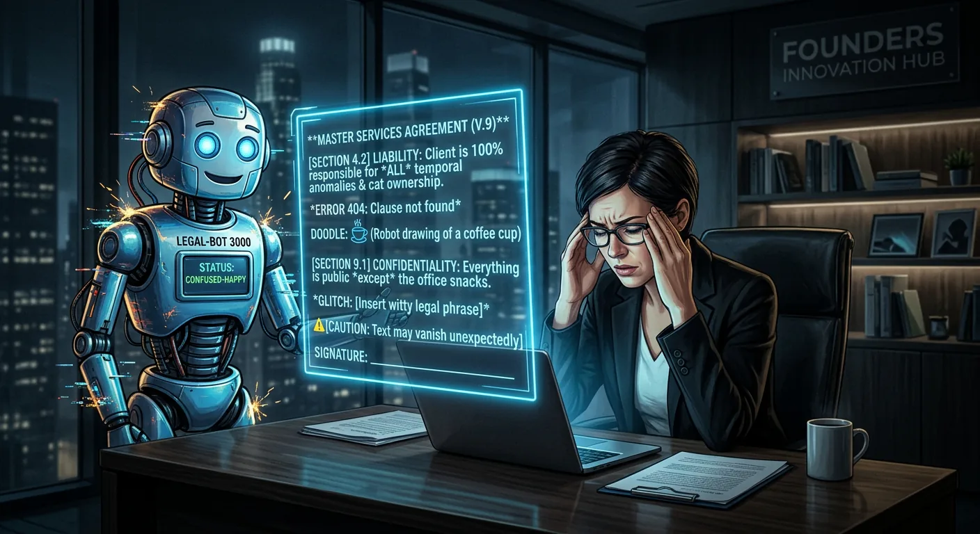 Cartoon illustration of a confused office robot labeled Legal-Bot 3000 presenting a glowing, error-filled AI-generated contract to a frustrated businesswoman at her desk