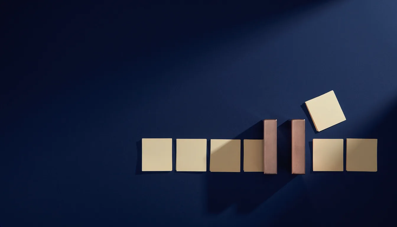 A row of pale cream cards on a navy surface passes between two upright copper blocks; one card has been lifted out of the line and set at an angle.