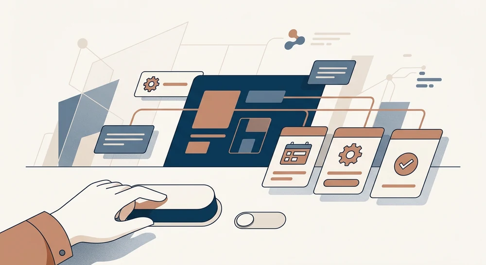 Illustration of a hand pressing a cancel control beside a subscription management interface, with a simple flow of screens ending in a confirmation checkmark