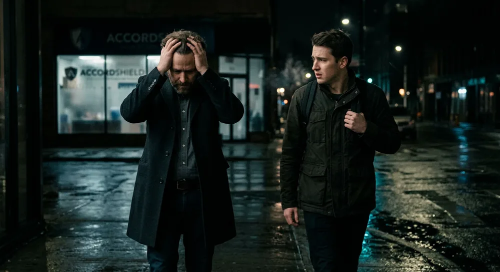 Two startup co-founders in a tense late-night conversation on a city street after one decides to leave the company