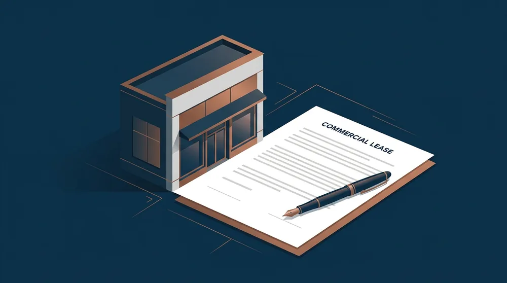 A modern commercial storefront beside a commercial lease document and pen, representing a business reviewing a commercial lease before signing