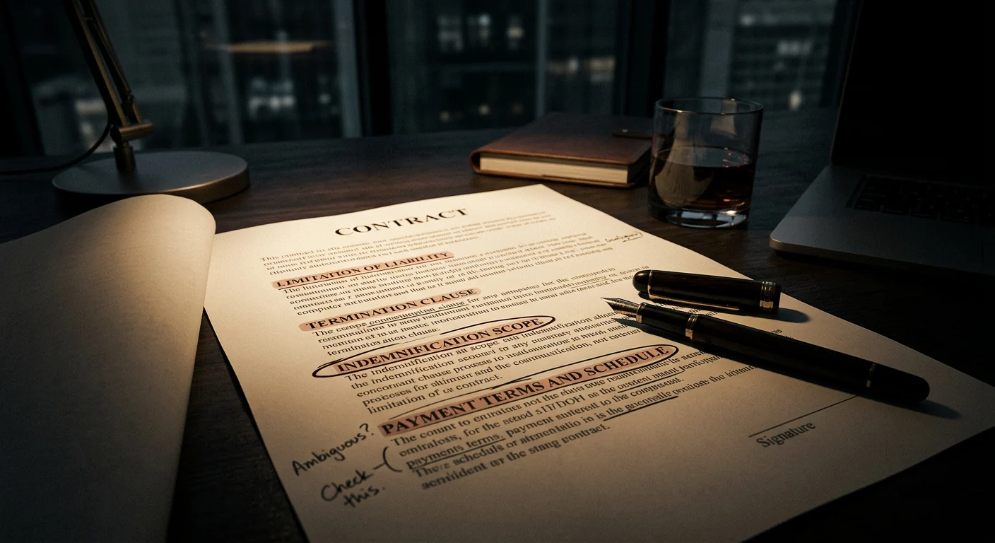Small business owner reviewing a contract before signing, with highlighted clauses showing contract red flags and legal risk