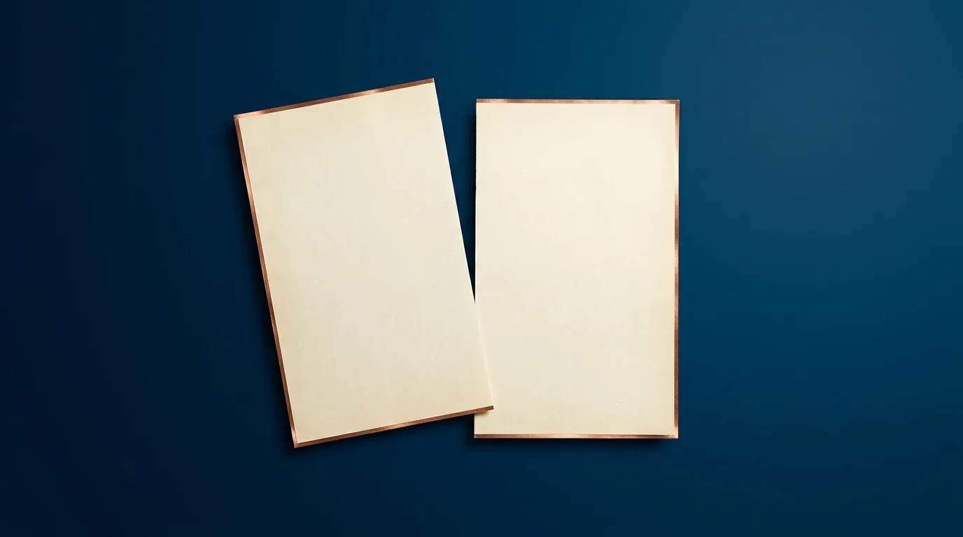 Two sheets of aged cream paper edged in thin copper, lying on a deep navy field at slightly different angles so their edges do not line up, illustrating a contract whose clauses do not agree with one another.