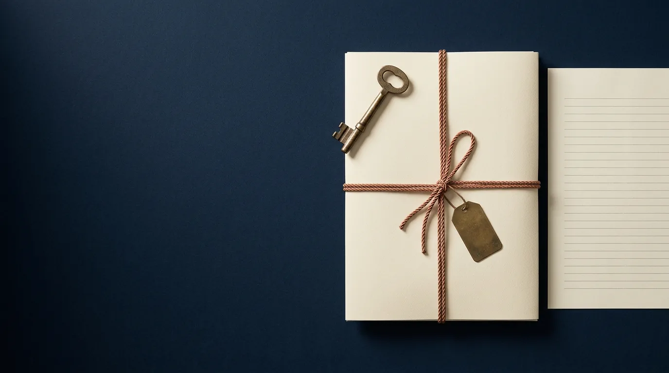 A cream document portfolio tied with copper cord and a blank brass tag, with a brass key on top and a lined sheet beside it, on navy.