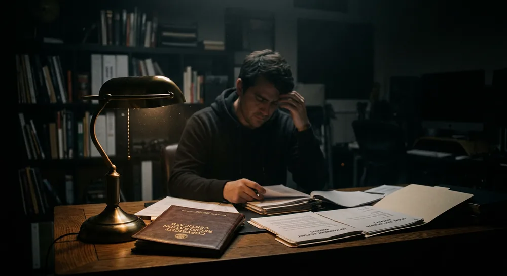Business owner at a desk reviewing a copyright registration certificate alongside infringement paperwork under a lamp