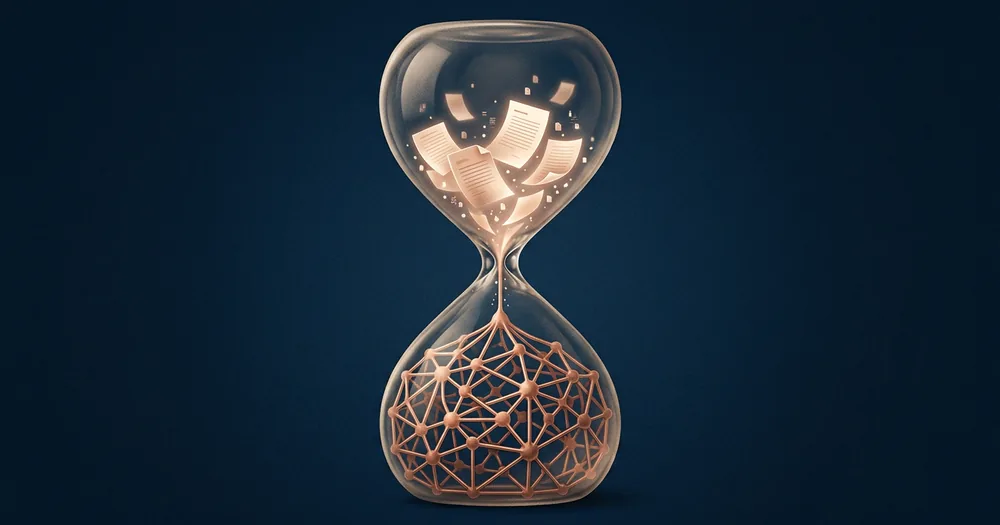 Glass hourglass on a deep navy field: glowing paper documents dissolve in the upper chamber while the fallen grains below have crystallized into a copper neural-network lattice, fused in place.