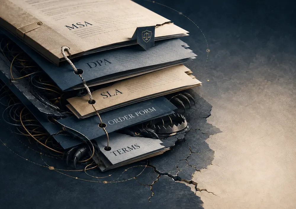Stack of SaaS contracts labeled MSA, DPA, SLA, order form and terms concealing hidden legal risks beneath the surface