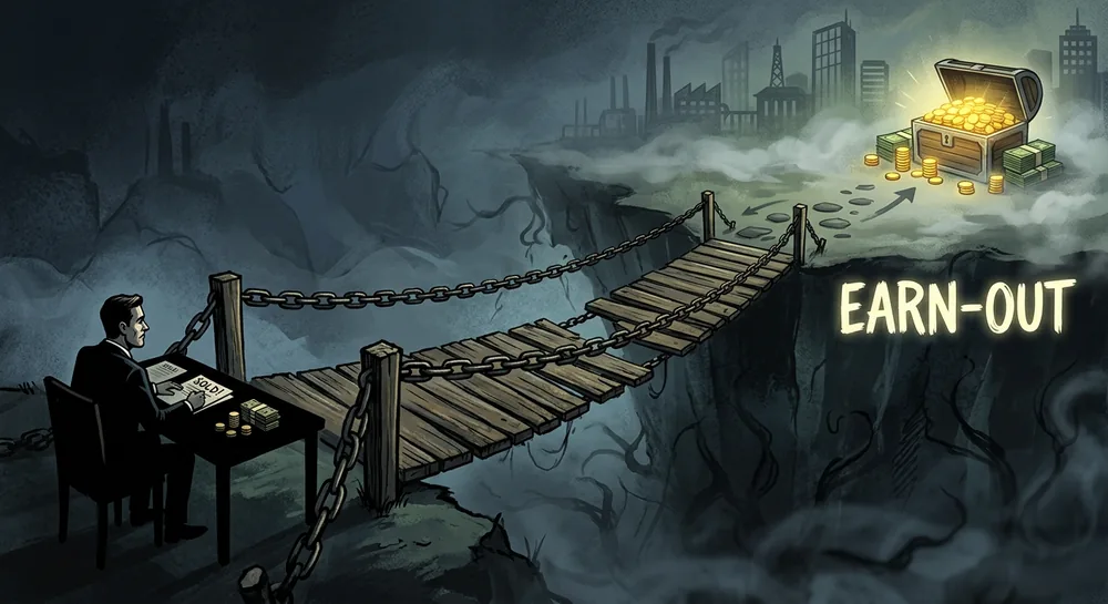 Illustration of a business seller at a desk with a signed sale agreement, facing a precarious rope bridge labeled earn-out that crosses a chasm toward a chest of gold, symbolizing the risk of contingent purchase price in a business sale