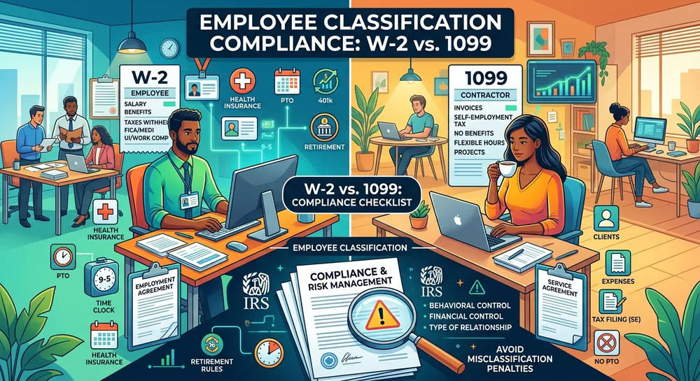 Illustration comparing W-2 employee and 1099 contractor classification, with a compliance and risk-management checklist covering behavioral control, financial control, and type of relationship