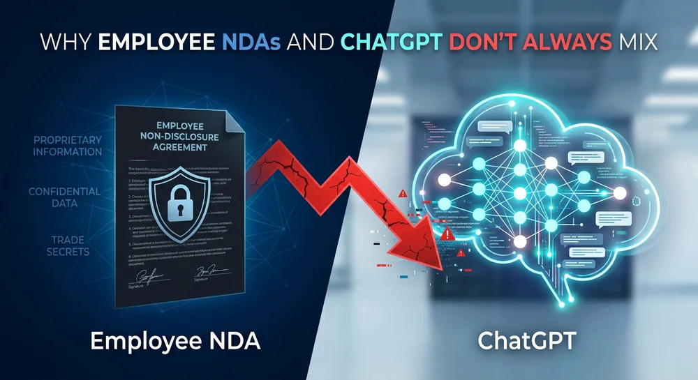Split illustration of an employee non-disclosure agreement with a shield and padlock on one side and a glowing AI neural network labeled ChatGPT on the other, connected by a cracked red arrow symbolizing confidentiality risk