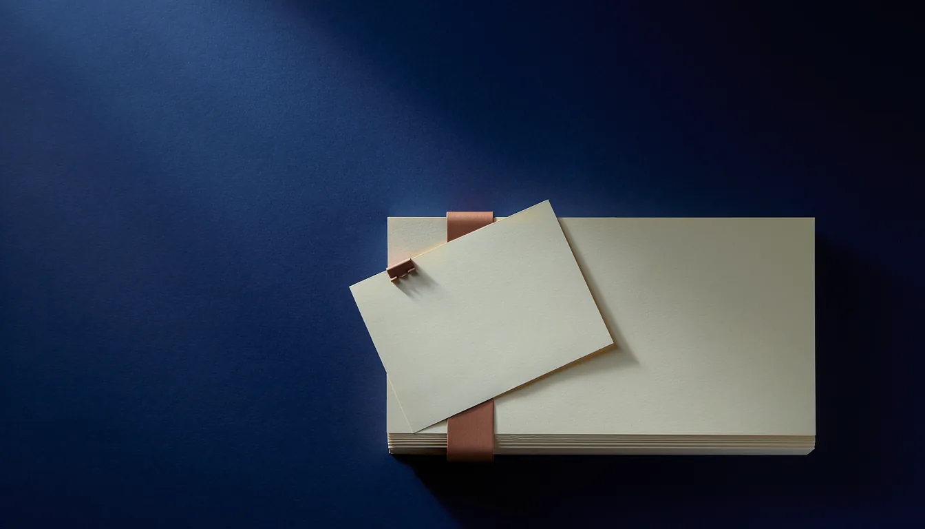 A bound stack of cream paper lies on a navy surface with a single loose cream sheet resting on top at an angle, held at one corner by a small copper clip.