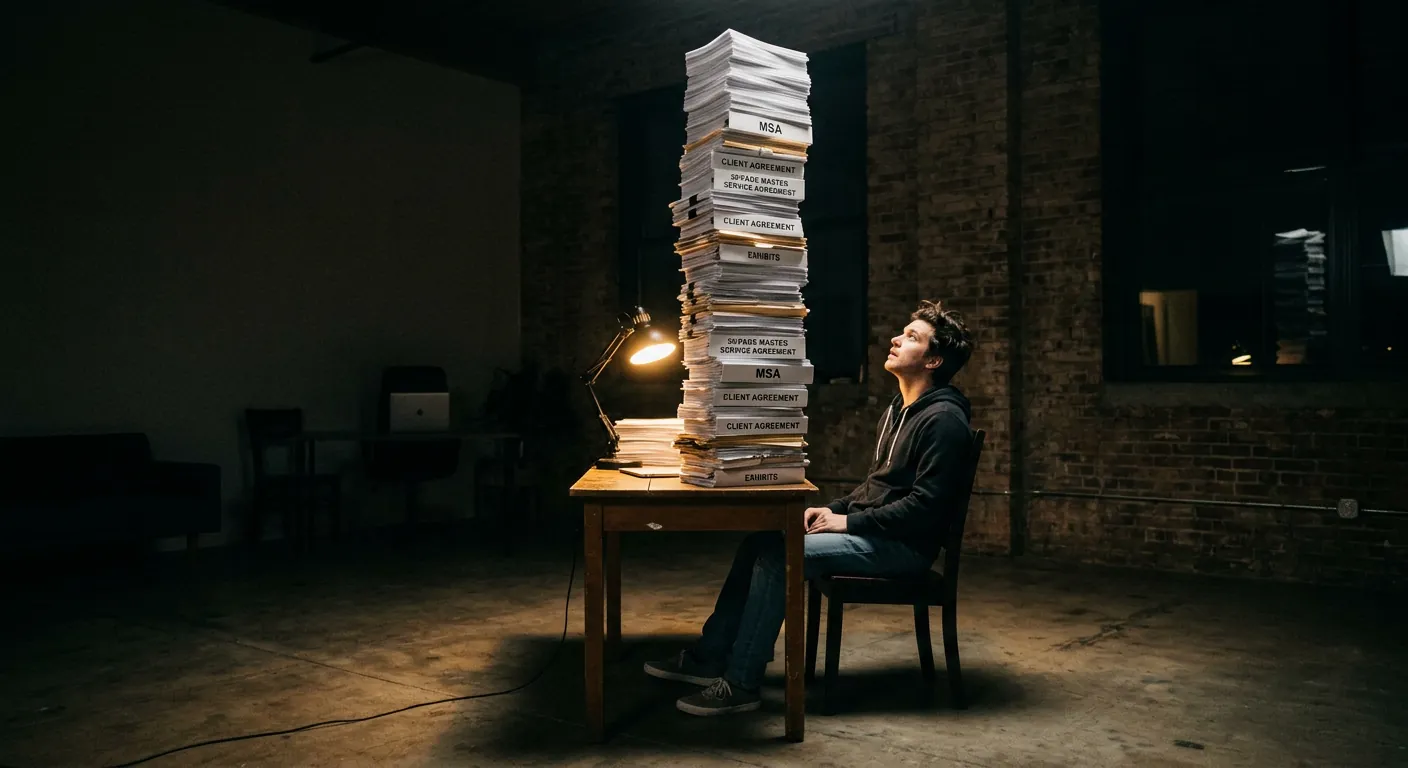 A founder sits alone at a small desk at night, looking up at a towering stack of enterprise contracts labeled MSA, Client Agreement, and Exhibits