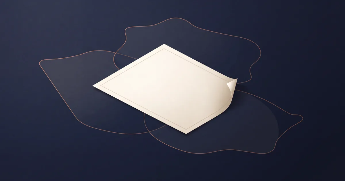 A cream certificate lying at an angle on a deep navy field, one corner lifting, with three faint overlapping copper-outlined shapes behind it
