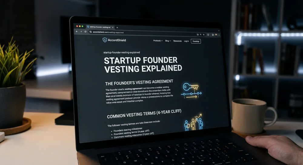 Laptop screen showing a startup founder vesting guide open late at night