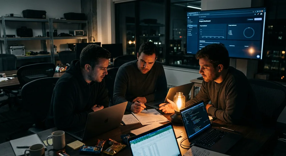 Three startup co-founders working late at night in a dim office, reviewing a printed founders agreement together at a table surrounded by laptops and a project dashboard on a wall screen