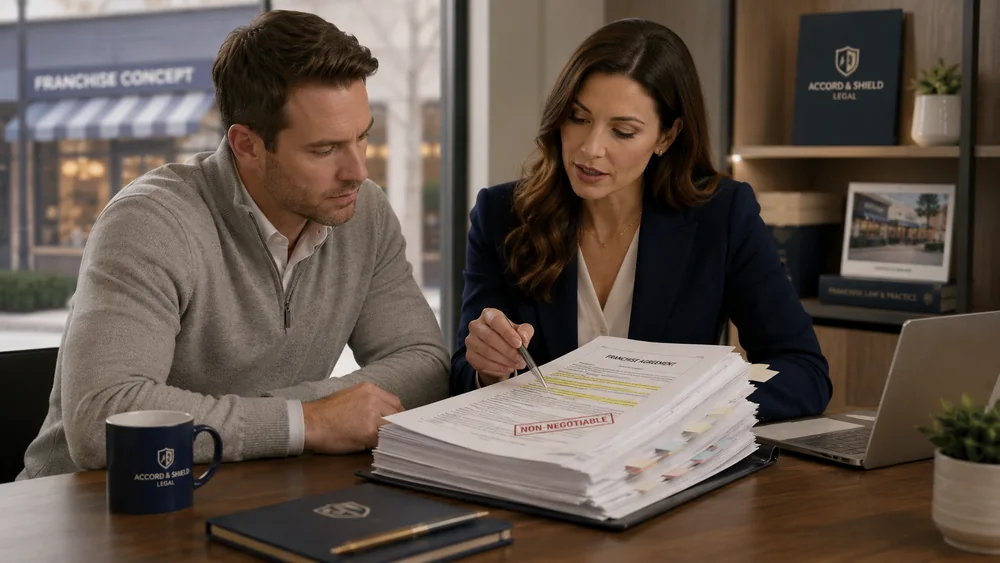 A prospective franchisee and a business attorney review a thick franchise agreement stamped Non-Negotiable, with key clauses highlighted and tabbed for discussion
