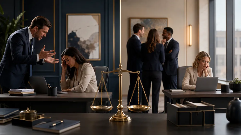 Split workplace scene: a manager confronting a distressed employee on one side and a calm professional discussion on the other, with scales of justice in the center