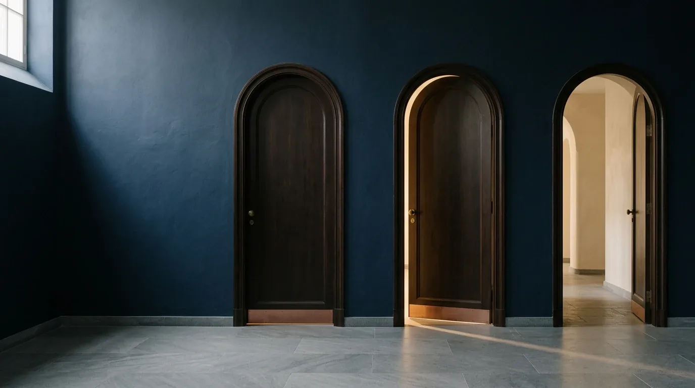 Three arched doorways in a navy wall: one closed, one slightly ajar with a line of light, one open onto a cream corridor.
