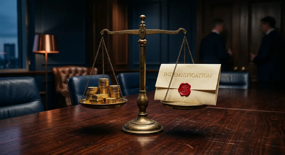 Brass balance scale on a mahogany boardroom table weighing stacks of gold coins against a sealed contract embossed with the word Indemnification, symbolizing how a business sale allocates post-closing risk