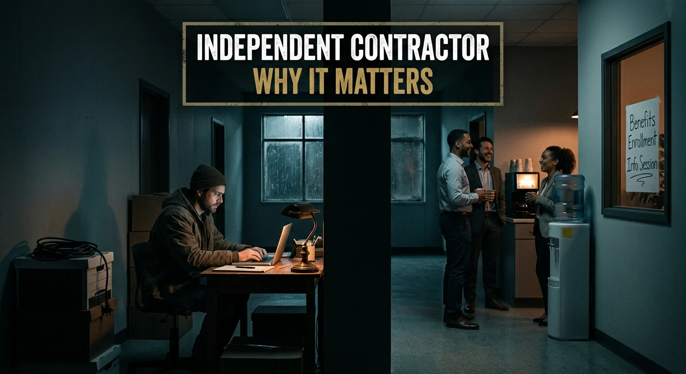 Split office scene showing an independent contractor and employees, illustrating worker classification risk